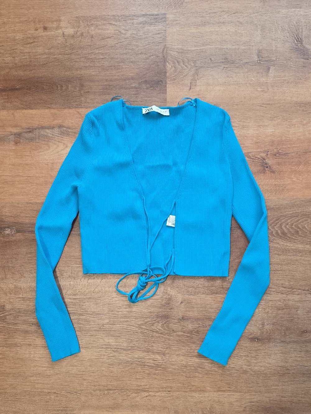 Zara Bright Turquoise Ribbed Tie-Front Long Sleeve Top